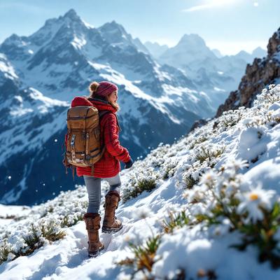 The primary subject of the image is a woman wearing a red jacket and carrying a backpack while walking on a snowy mountain. The setting is a snowy mountain with a beautiful backdrop of mountains. The visual style is a photo, capturing the woman's journey through the snowy landscape. The colors and mood of the image are predominantly white and cold, reflecting the snowy environment and the woman's adventurous spirit.